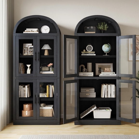 AOILE 72" Tall Arched Farmhouse Bookcase with Doors, Wooden Display Cabinet with Storage Shelves