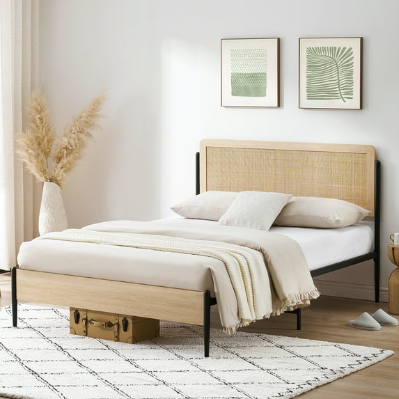 Aoile Bohemian and Mid-Century Rattan Bed Frame, Queen Size