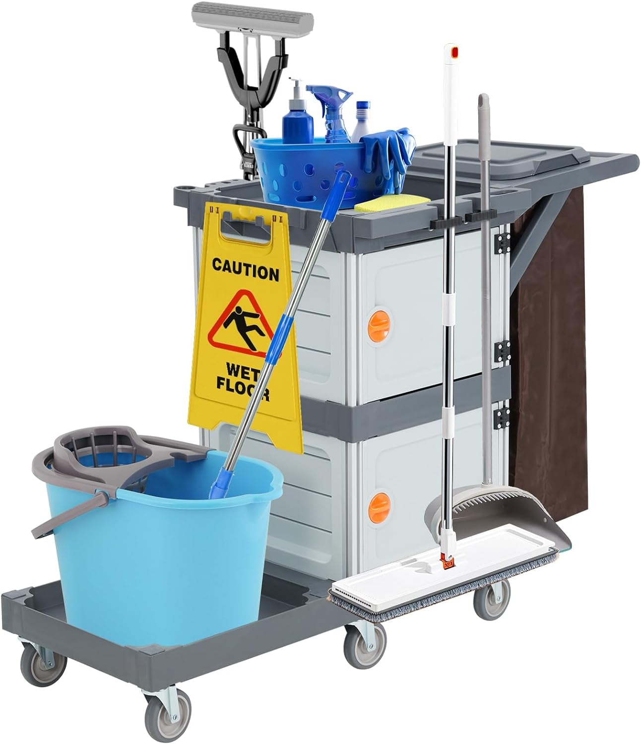 AOILE Commercial Janitorial Trolley Cleaning Cart, 3-ply 2 Cabinet 30 Gallon Bag Multi-Purpose Engineered Plastic Housekeeping Cart