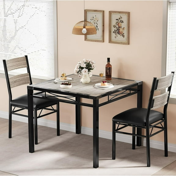AOILE Dining Table Set for 2/4 with Upholstered Chairs & Corner Protectors, Small Space Kitchen Table, Rustic Gray/Brown