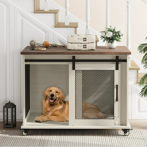 AOILE Dog Crate Furniture with Sliding Barn Door, Flip Top Dog Crate End Table with Wheels, Indoor Dog Kennel Furniture with Removable Divider, Dog House with Wheels