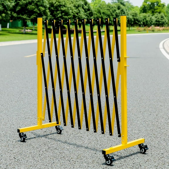 AOILE Expandable Metal Barricade – Folding Safety Driveway Gate with Wheels, Portable Crowd Control Barrier, Yellow & Black