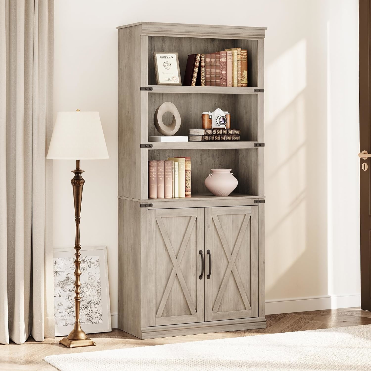 Aoile Farmhouse Bookcase, 70 Inch Tall, 5 Tier Wooden Shelf with Doors ...