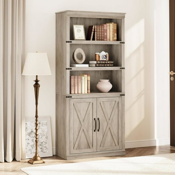 AOILE Farmhouse Bookcases with Doors, 5 Tier Wooden Bookshelf with Storage, 70 Inch Tall Bookshelf, Grey/Antique White/Black