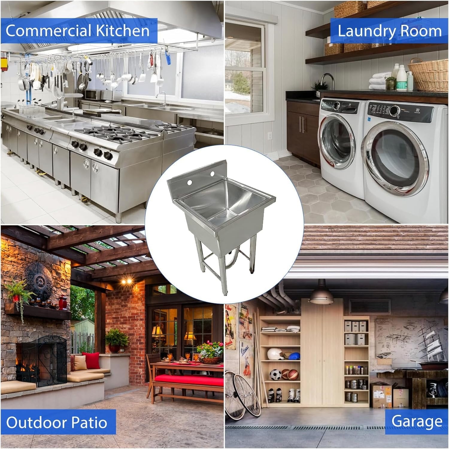 AOILE Free Standing Stainless Steel Sink, Utility Sink with Faucet & Storage Shelf for Kitchen, Garage