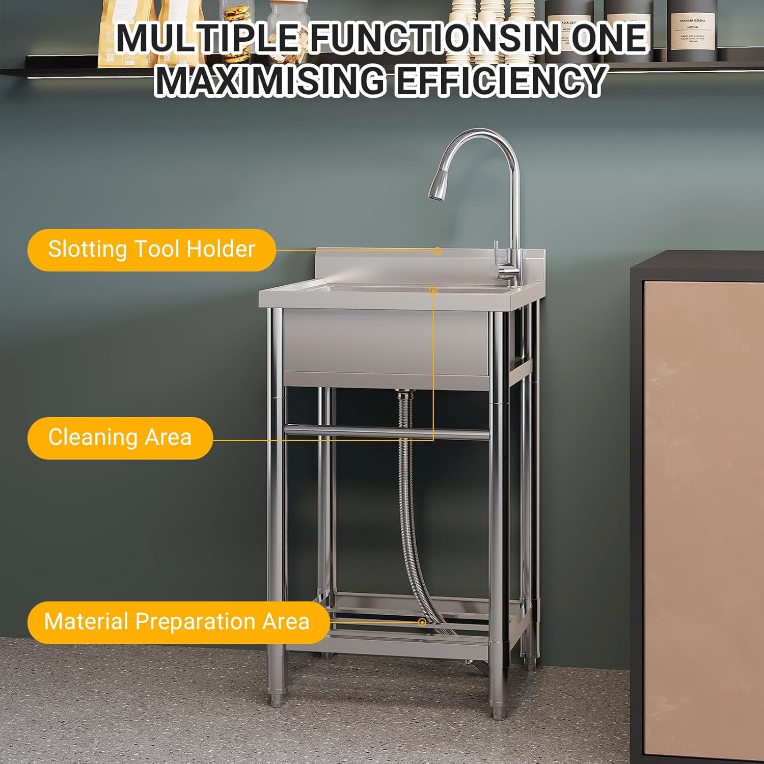 AOILE Free Standing Stainless Steel Sink, Utility Sink with Faucet & Storage Shelf for Kitchen, Garage