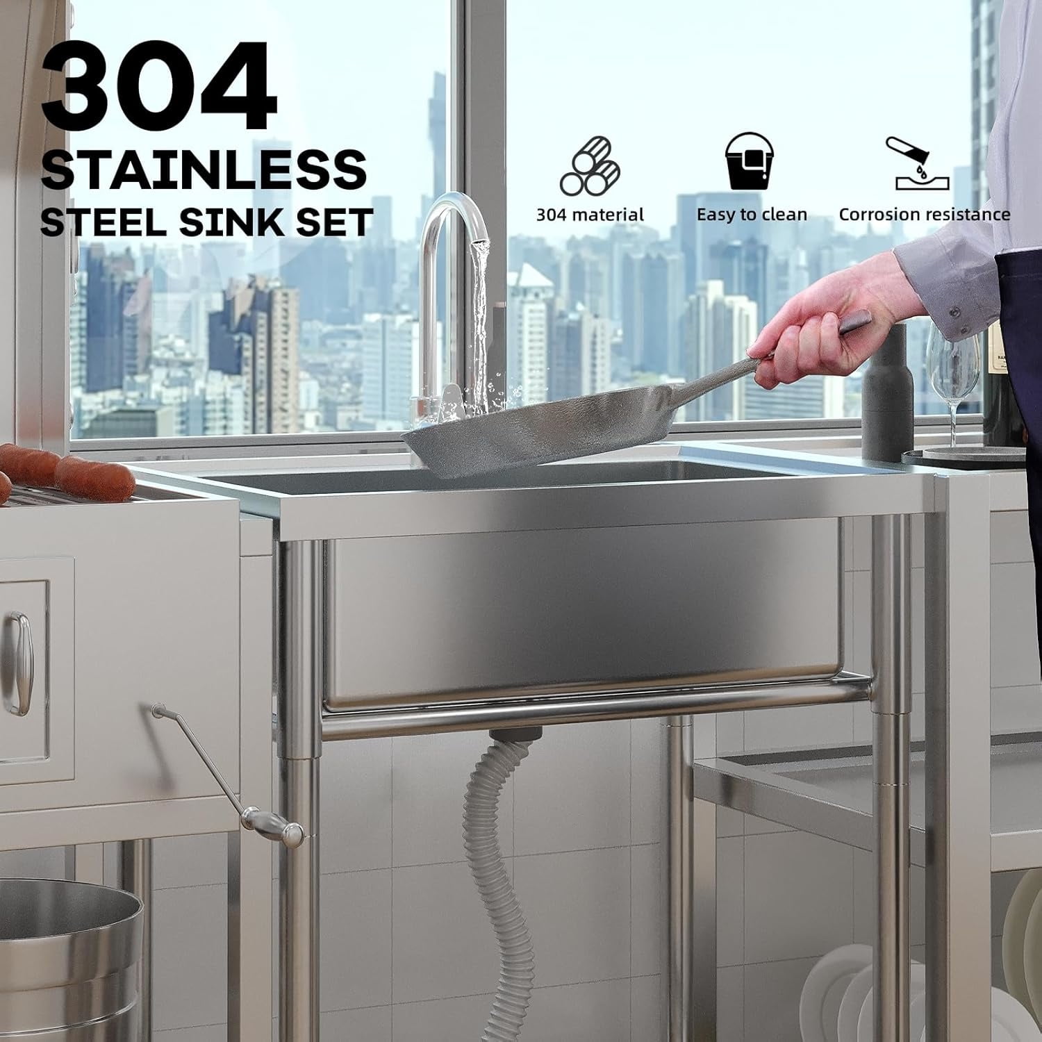 AOILE Free Standing Stainless Steel Utility Sink with Hot & Cold Water Pipes, Single/Double Bowl, Commercial Laundry & Kitchen Sink with Workbench