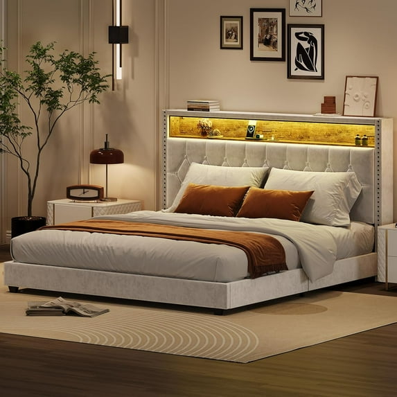 AOILE Full Size Bed Frame with LED Upholstered Headboard and Charging Station, No Box Spring Needed, Off White