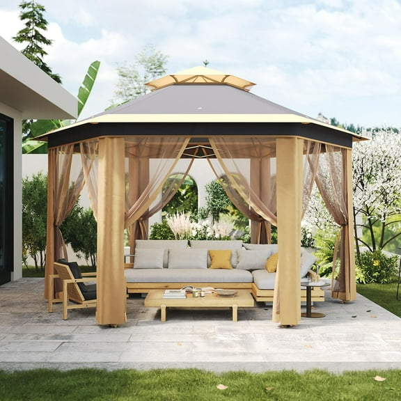 AOILE Hexagonal Pavilion – Outdoor Hexagonal Canopy with Mesh Sides & Zipper Door, Steel Frame & Weather-Resistant Polyester Top