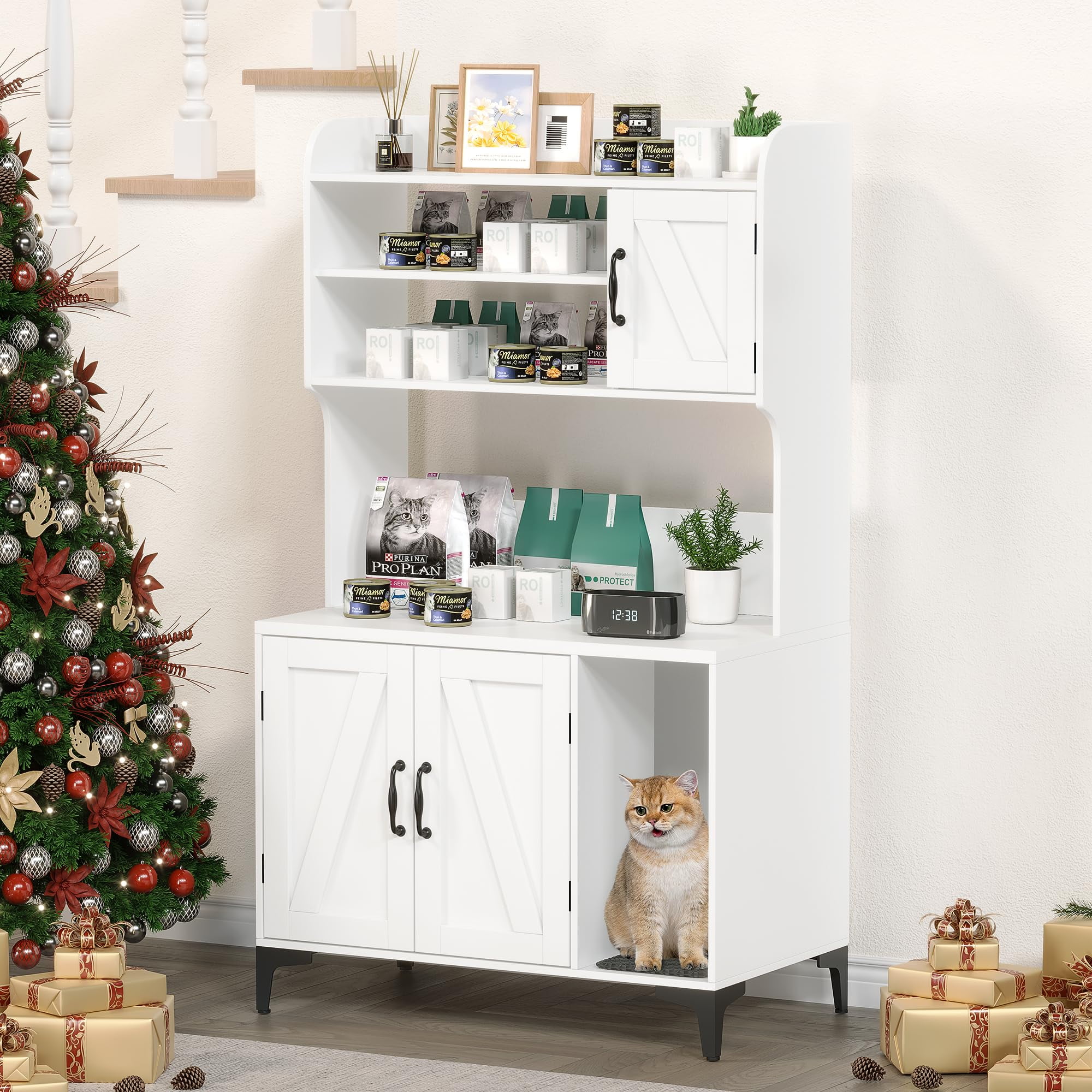 AOILE Hidden Cat Litter Box Furniture with Storage Shelves & Doors, Large Cat Washroom Cabinet