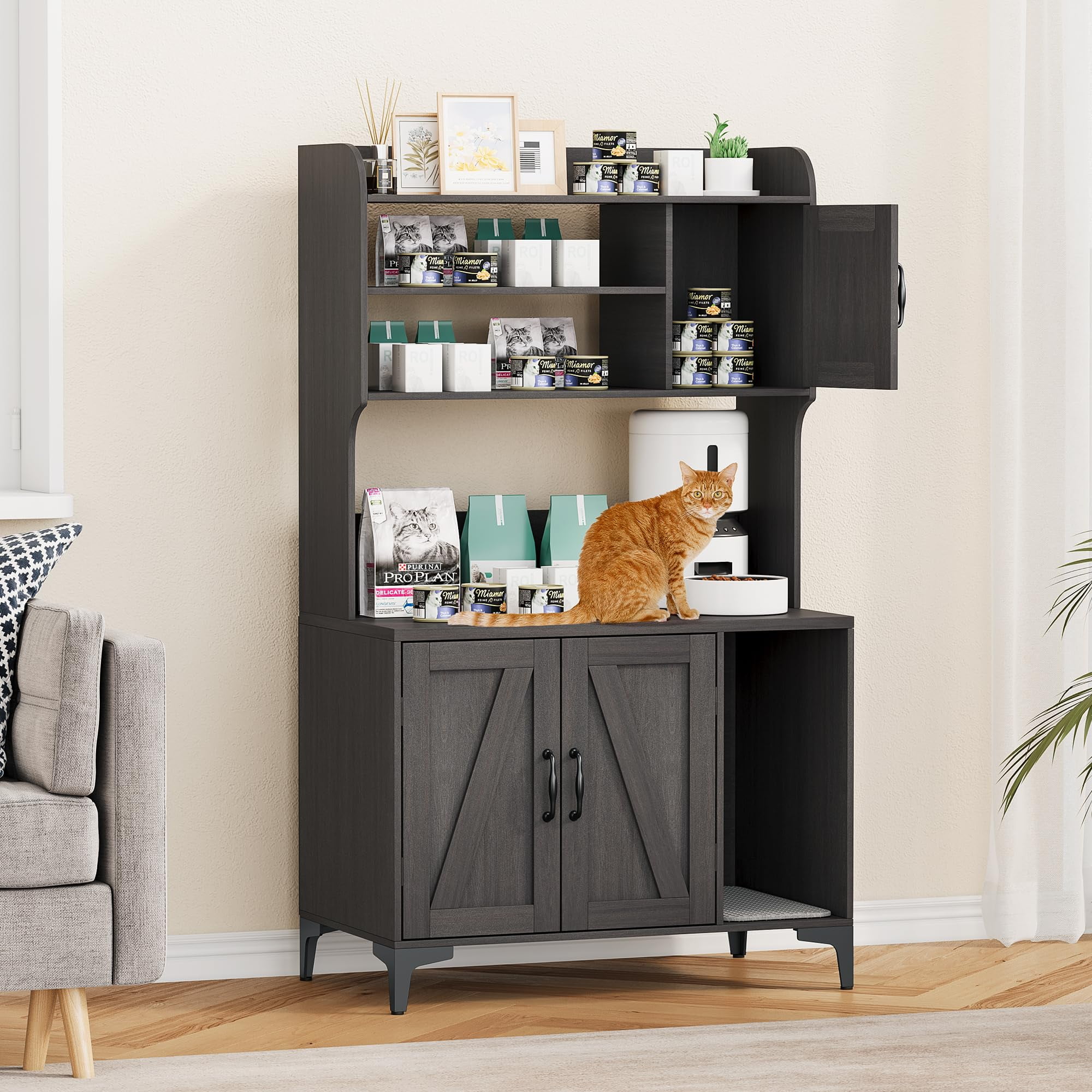 AOILE Hidden Cat Litter Box Furniture with Storage Shelves & Doors, Large Cat Washroom Cabinet