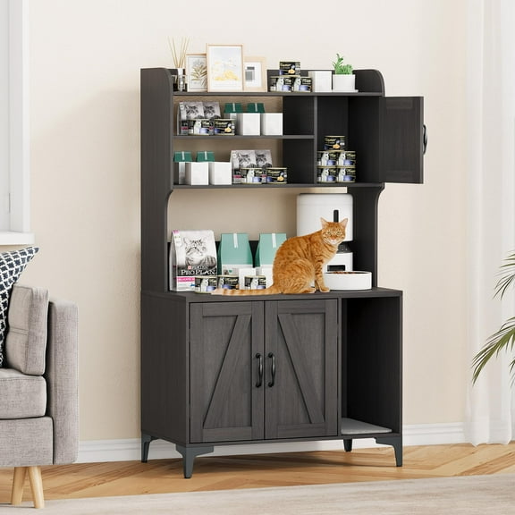 AOILE Hidden Cat Litter Box Furniture with Storage Shelves & Doors, Large Cat Washroom Cabinet