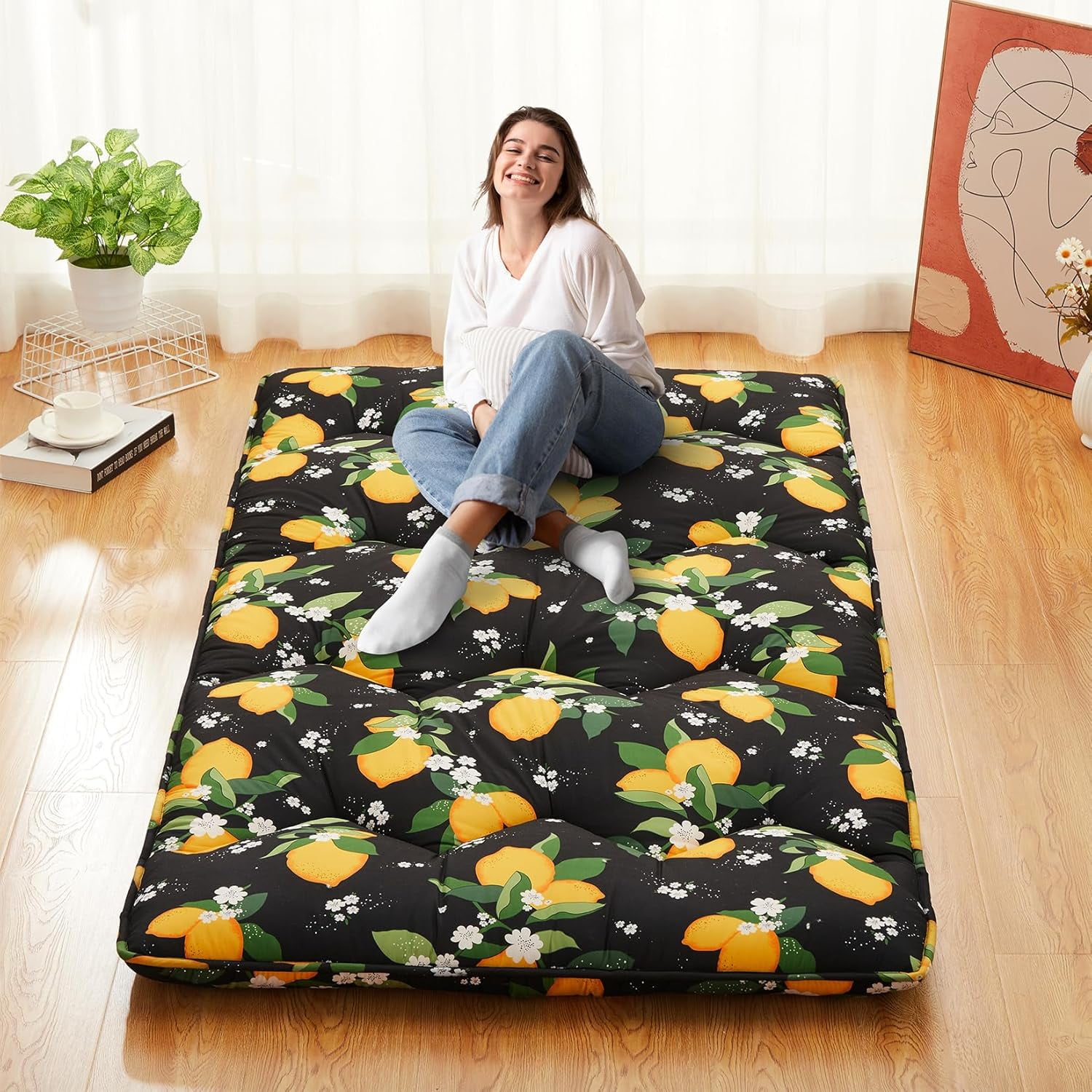 AOILE Japanese Tatami Floor Mat, Twin/Full Size Foldable Mattress with Lemon Pattern, 4cm Sponge Filling, 100% Polyester Brushed Fabric, Modern Yellow Style