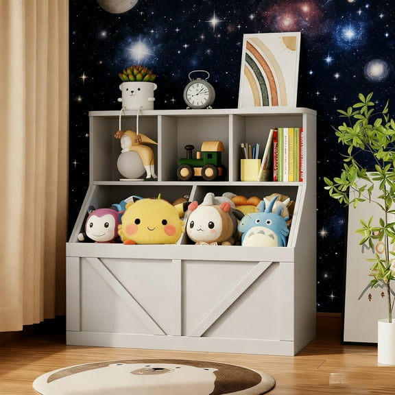 AOILE Kids Bookshelf and T oy Storage Organizer, Toddler T oy Storage Cabinet with Bins and Shelves for Playroom, Bedroom, Nursery