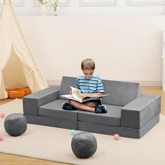 AOILE Kids Couch 12PCS, Modular Kids Play Couch for Inspiring Child Creativity, Toddler Couch Child Sectional Sofa, Bedroom and Playroom Furniture for Toddlers Sleeping & Reading, Dark Grey