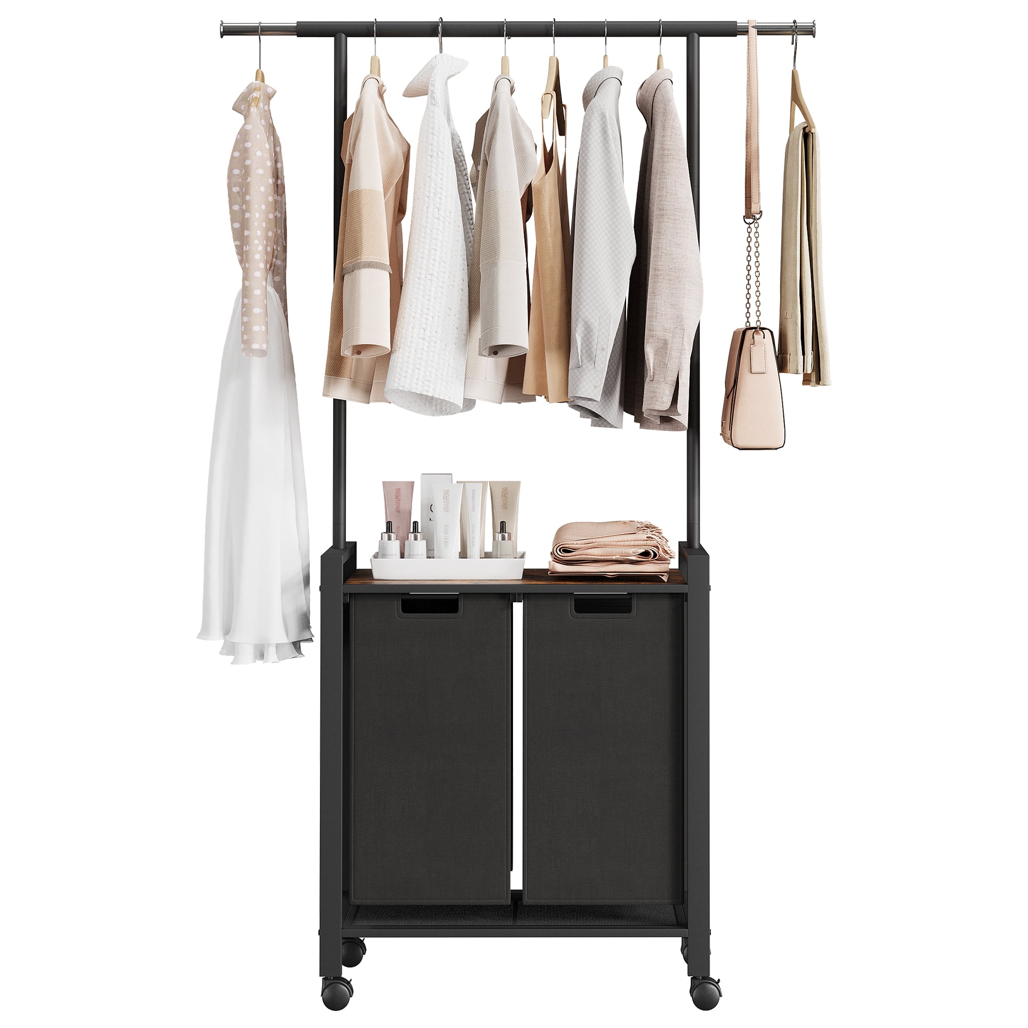 Aoile 2/3-Section Laundry Hamper with Hanging Rack, Rolling Laundry Basket Organizer, Rustic Brown