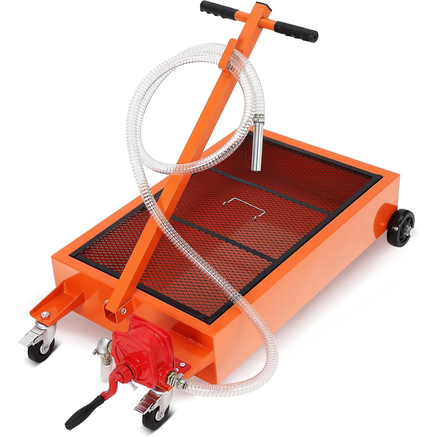 AOILE Low-Profile Oil Drain Pan with Manual Pump, 15/20 Gallon Rolling Oil Drain Tank with Hose & Folding Handle for Cars, Trucks, and SUVs
