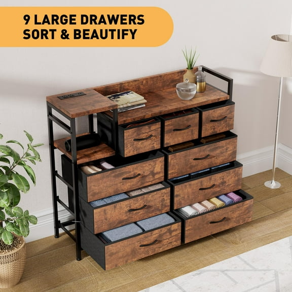 AOILE Modern 9-Drawer Dresser for Bedroom with Built-in Charging Station