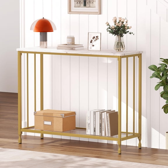 AOILE Modern Gold Console Table 33.5” - Narrow Sofa Table with Glass Shelf & Metal Frame, Industrial Entryway Table for Living Room, Foyer, Bedroom