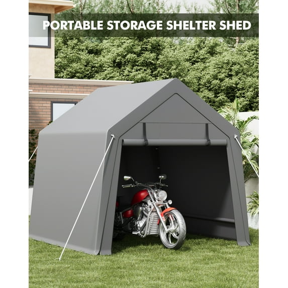 AOILE Motorcycle Shed, Portable Carport Storage with Roll-Up Zipper Door, Waterproof Tarp for Bike, Firewood, and Tools, Grey
