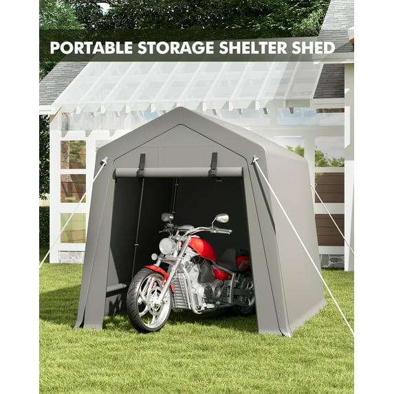 AOILE Motorcycle Shed, Portable Carport Storage with Roll-Up Zipper Door, Waterproof Tarp for Bike, Firewood, and Tools, Grey