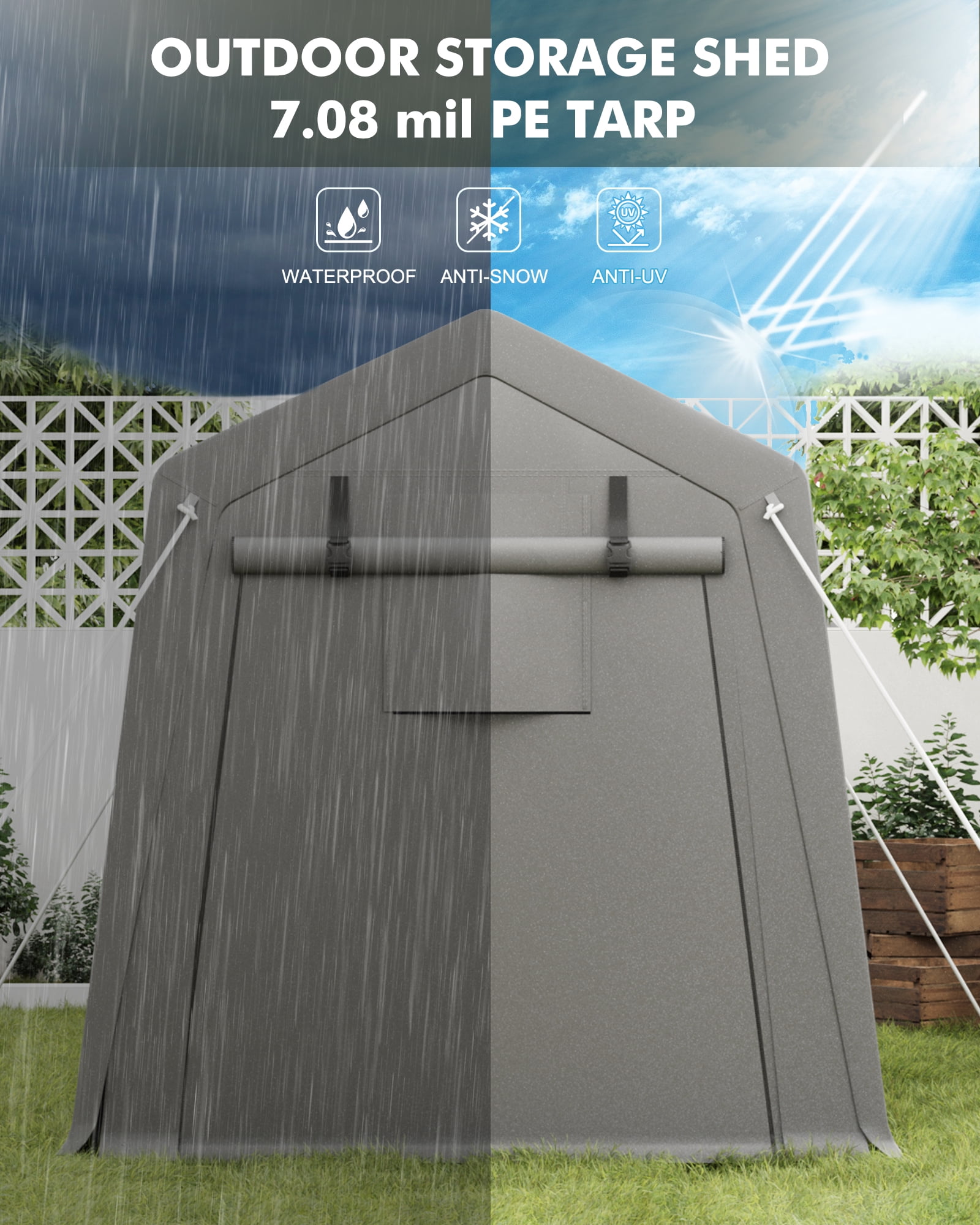 AOILE Motorcycle Shed, Portable Carport Storage with Roll-Up Zipper Door, Waterproof Tarp for Bike, Firewood, and Tools, Grey