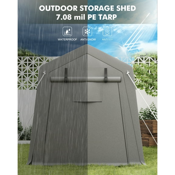 AOILE Motorcycle Shed, Portable Carport Storage with Roll-Up Zipper Door, Waterproof Tarp for Bike, Firewood, and Tools, Grey