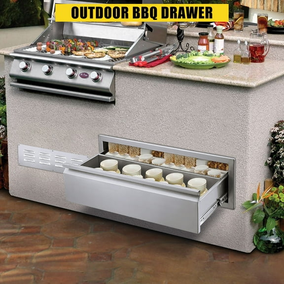 AOILE Outdoor Kitchen Drawers Flush Mount Triple Access BBQ Drawers with Stainless Steel Handle and Venting Panel for Outdoor Kitchen Island and Patio Grill Station