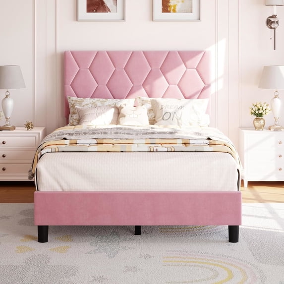 AOILE Platform Bed Frame with Upholstered Headboard, Fabric Upholstered Bed Frame with Adjustable Headboard, Bed Frame with Diamond Pattern and Soft Fabric, Wood Slat Support, Grey, Pink, Beige