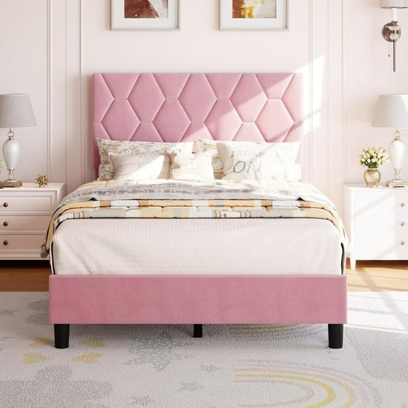 AOILE Platform Bed Frame with Upholstered Headboard, Fabric Upholstered Bed Frame with Adjustable Headboard, Bed Frame with Diamond Pattern and Soft Fabric, Wood Slat Support, Grey, Pink, Beige