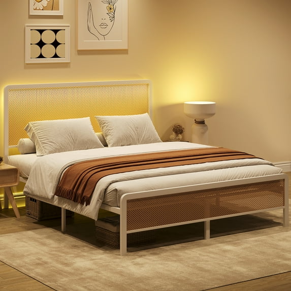 AOILE Queen Size Plastic Rattan Iron Bed Frame with Headboard, Modern Style Platform Bed, No Box Spring Needed (With RGB LED)