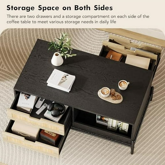 AOILE Rattan Coffee Table with LED Lights, 4 Drawers & Open Shelf, Black+Oak Modern Coffee Table