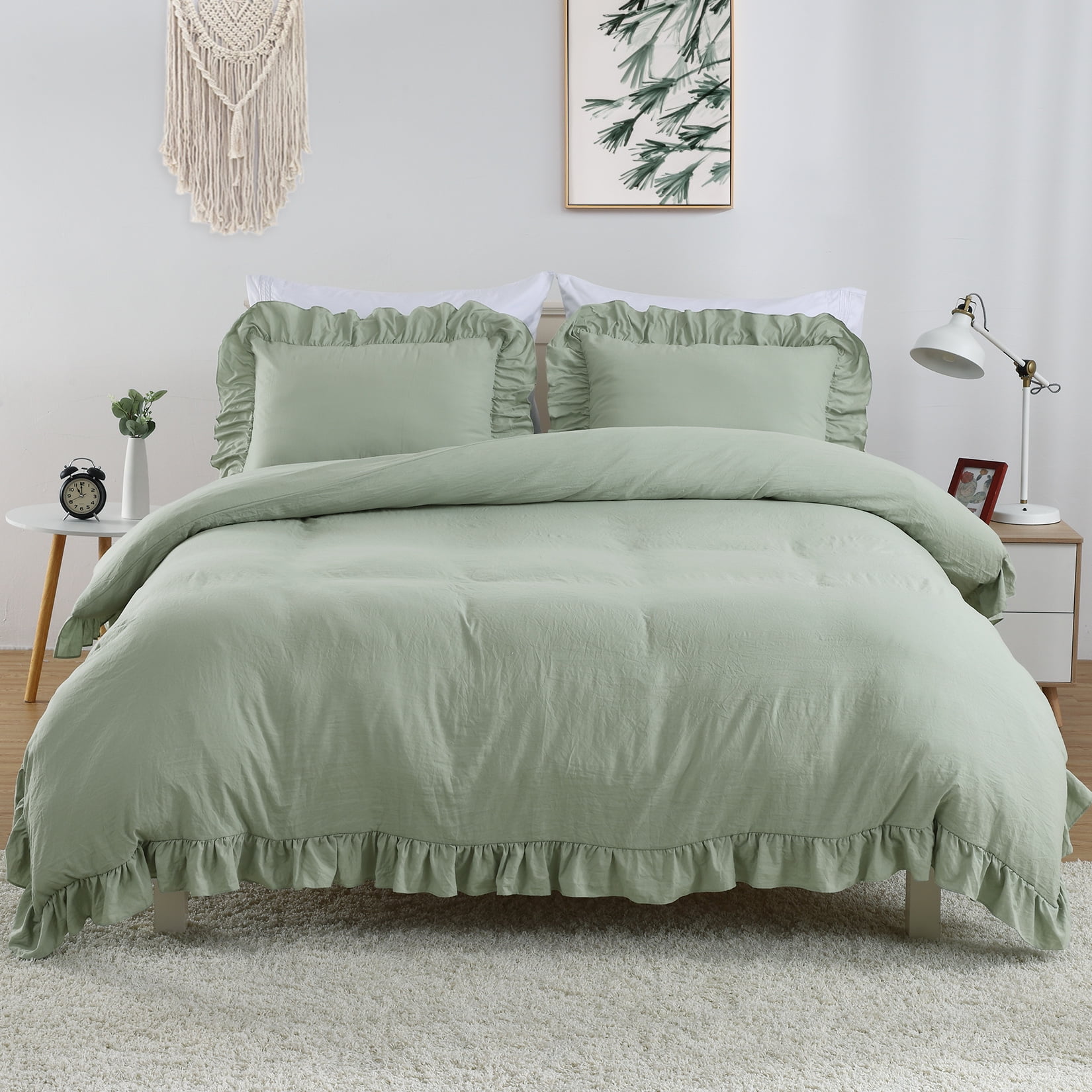 AOILE Ruffle Duvet Cover Set – 3PCS Soft Washed Microfiber, Vintage French Country Bedding, Twin/Queen/King
