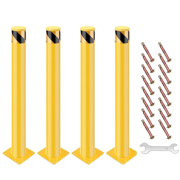 AOILE Safety Bollard Post, 48'' Height x 4.5" Diameter Removable Steel Parking Post Barrier, Yellow, 4 Pack