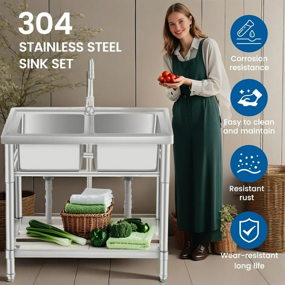 AOILE Stainless Steel Utility Sink with Faucet, Freestanding Double Bowl Sink with Hot & Cold Water Pipes & Storage Shelf, for Restaurant, Kitchen, Garage, Laundry, Outdoor
