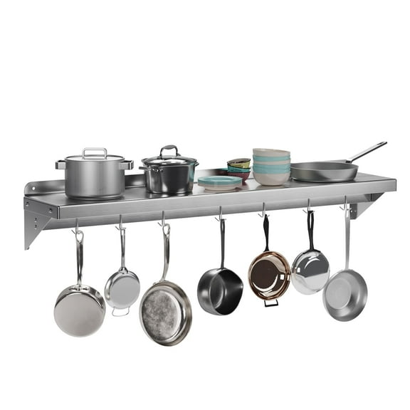 AOILE Stainless Steel Wall-Mount Storage Rack with Backsplash, NSF Certified, 12" x 24/36/48/60" – Versatile Metal Shelf with 7 Hooks for Pots, Pans, and Cookware in Home and Restaurant Kitchens