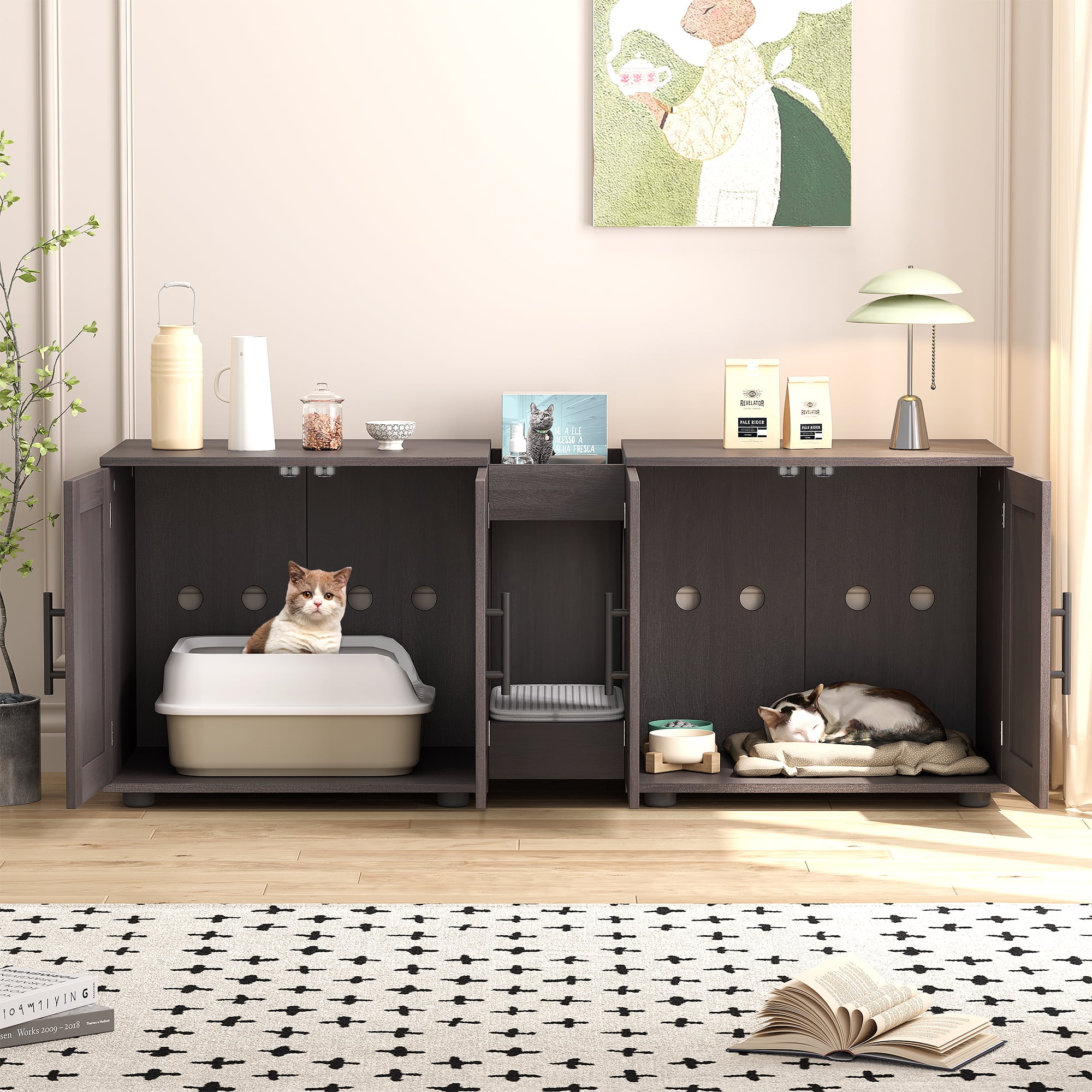 AOILE Stylish Double-Room Cat Litter Cabinet Furniture – 55”L x 17.7”W x 22.5”H | Elegant Litter Box Enclosure for 2 Cats with Cat Mat, Waterproof Material, and Storage Groove
