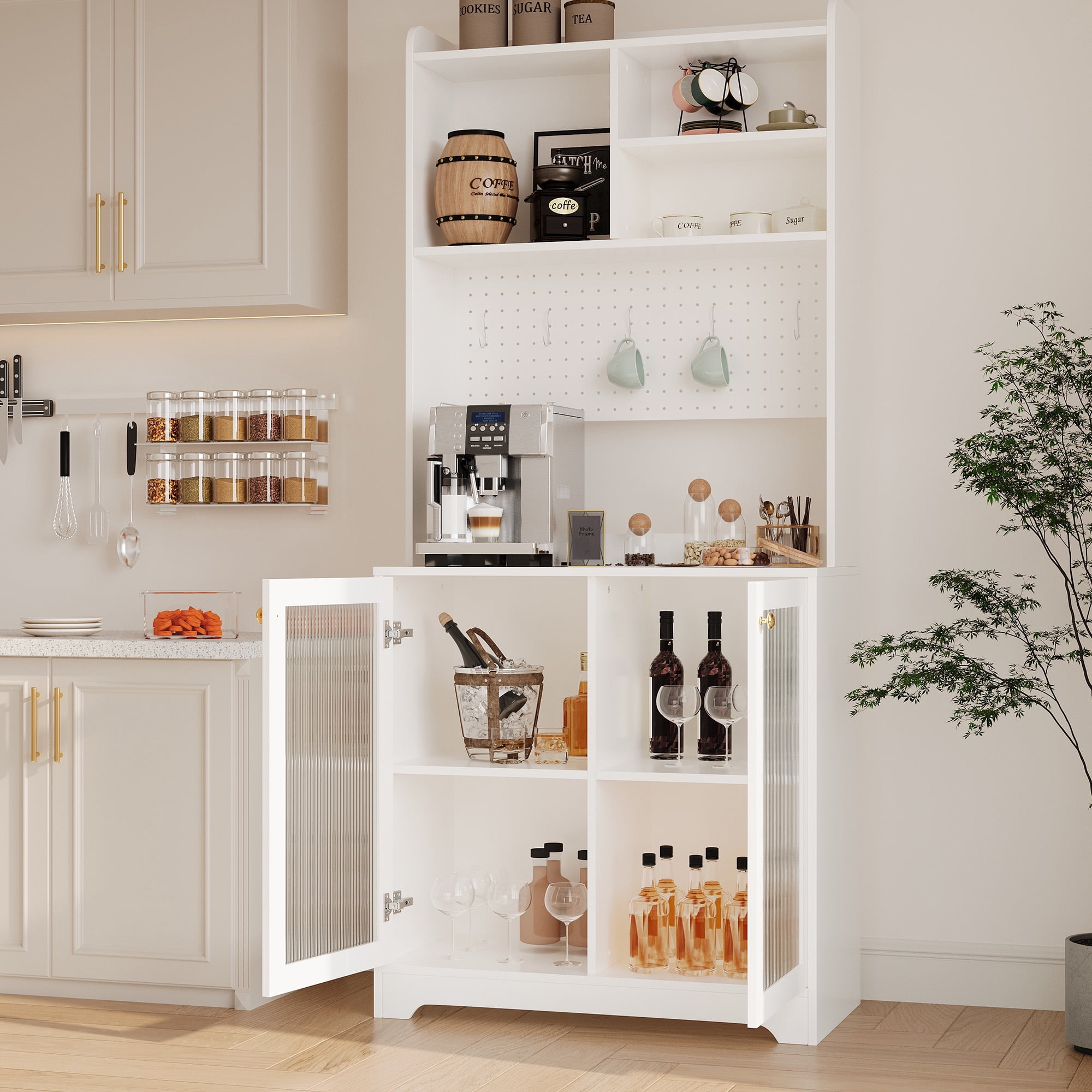 AOILE Tall Pantry Cabinet with Glass Doors & Shelves, Freestanding Kitchen Storage Organizer for Dining or Living Room