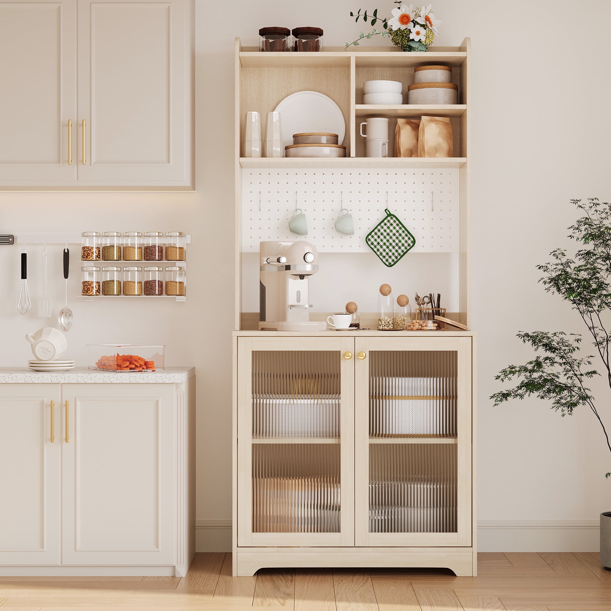 AOILE Tall Pantry Cabinet with Glass Doors & Shelves, Freestanding Kitchen Storage Organizer for Dining or Living Room