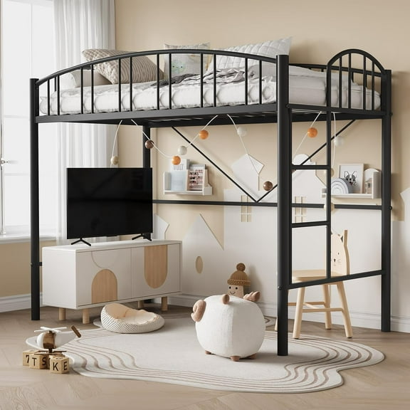 AOILE Twin Metal Loft Bed Frame with Arched Guardrail, Safety Ladder & 46" Storage Space, No Box Spring Needed