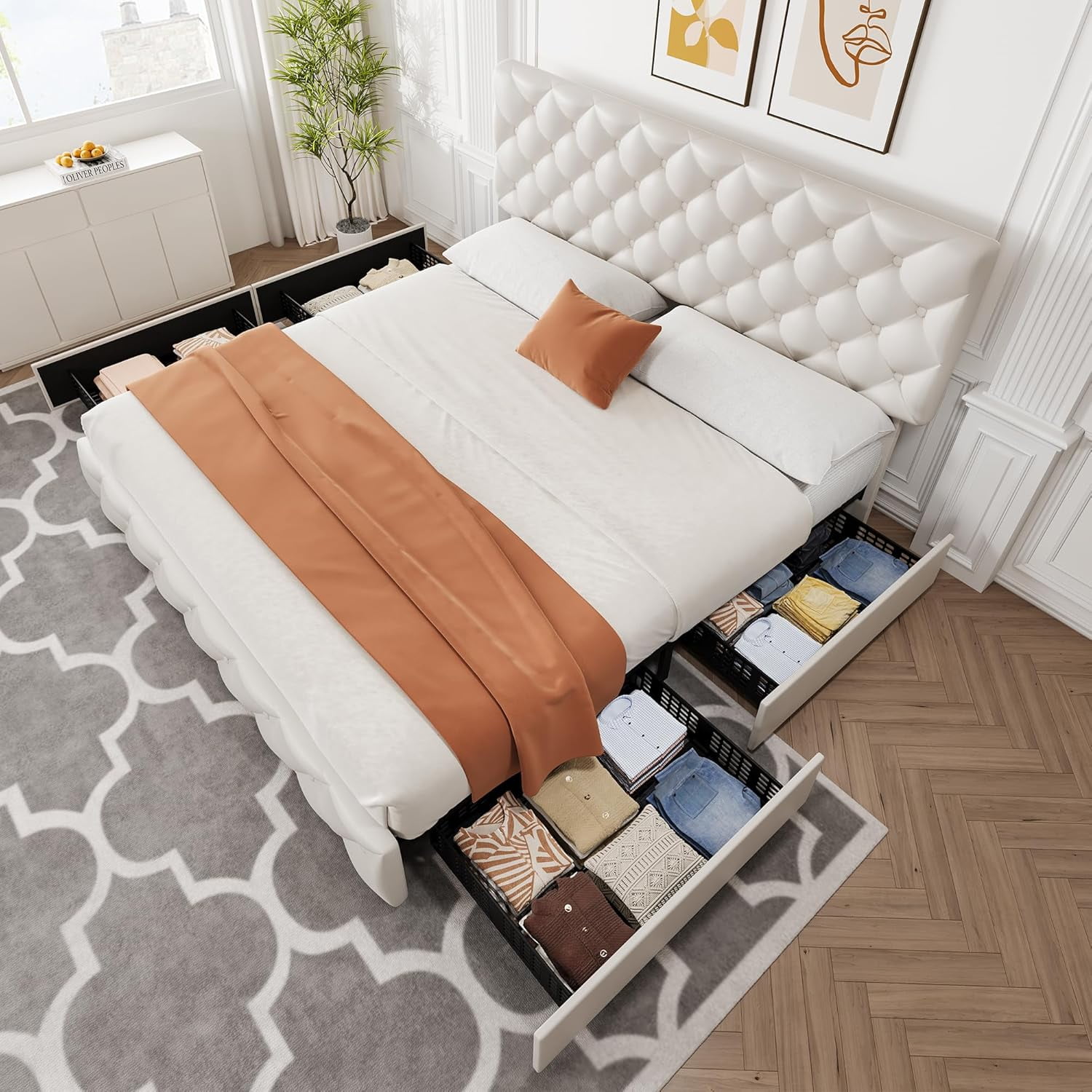 AOILE Upholstered Bed Frame with 4 Storage Drawers & Adjustable ...