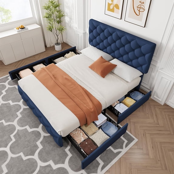 AOILE Upholstered Bed Frame with 4 Storage Drawers & Adjustable Headboard, Wooden Slats, No Box Spring