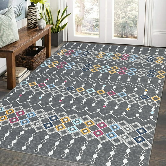 AOILE Vintage Trellis Area Rug, Washable Stain-Resistant Dining Room Carpet, Non-Slip Non-Shedding Indoor Carpet, Soft Low Pile Folding Area Rug for Bedroom, Living Room
