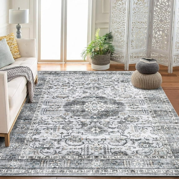 AOILE Vintage Washable Area Rug – Non-Slip Low-Pile Medallion Faux Wool Carpet for Entryway, Kitchen, Bathroom, and Bedroom