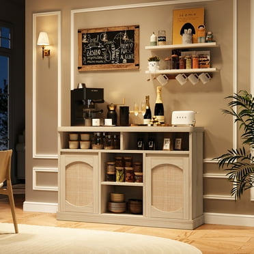 AOILE Wine Bar Cabinet with LED Lighting - 47" White Buffet Storage with Wine Rack, Glass Hanger, and Fluted Glass Doors for Kitchen, Dining, or Living Room