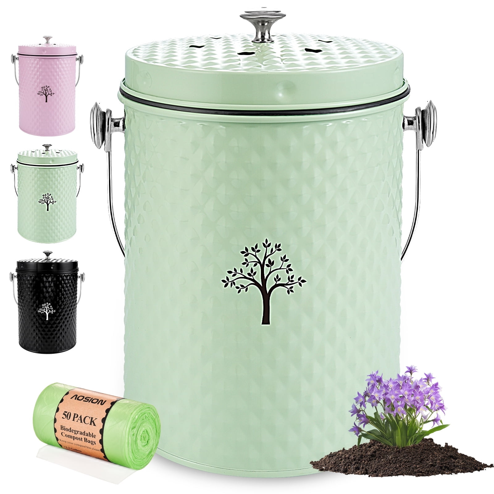 AOIOSN,Countertop Compost Bin Kitchen，Odorless Indoor Compost Bin with Lid and Compost Bags,Compost Bucket Composter Container for Food Waste,Green