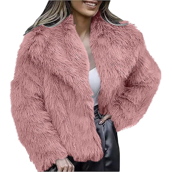 AOIROE Women's Fur & Faux Fur Jackets & Coats,Fall Coats,Womens Coat Lapel Open Front Shaggy Jacket,Winter Warm Furry Overcoat,Women's Jackets & Coats,Fuzzy Sweater,Fur Coat,Pink,XS