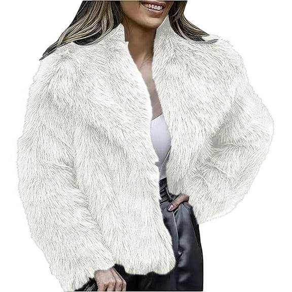 AOIROE Women's Fur & Faux Fur Jackets & Coats,Fall Coats,Womens Coat Lapel Open Front Shaggy Jacket,Winter Warm Furry Overcoat,Women's Jackets & Coats,Fuzzy Sweater,Fur Coat,White,M