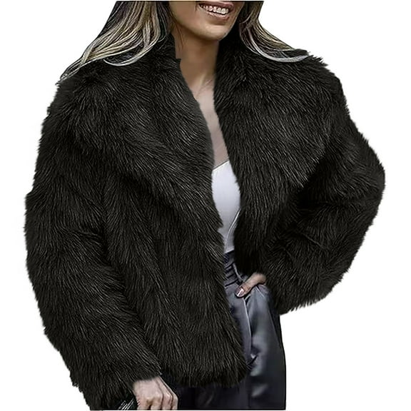 AOIROE Women's Fur & Faux Fur Jackets & Coats,Fall Coats,Womens Coat Lapel Open Front Shaggy Jacket,Winter Warm Furry Overcoat,Women's Jackets & Coats,Fuzzy Sweater,Fur Coat,Black,M