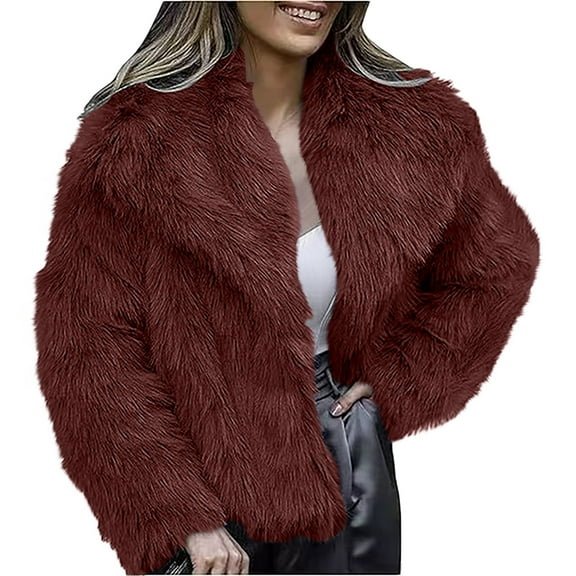 AOIROE Women's Fur & Faux Fur Jackets & Coats,Fall Coats,Womens Coat Lapel Open Front Shaggy Jacket,Winter Warm Furry Overcoat,Women's Jackets & Coats,Fuzzy Sweater,Fur Coat,Wine,M